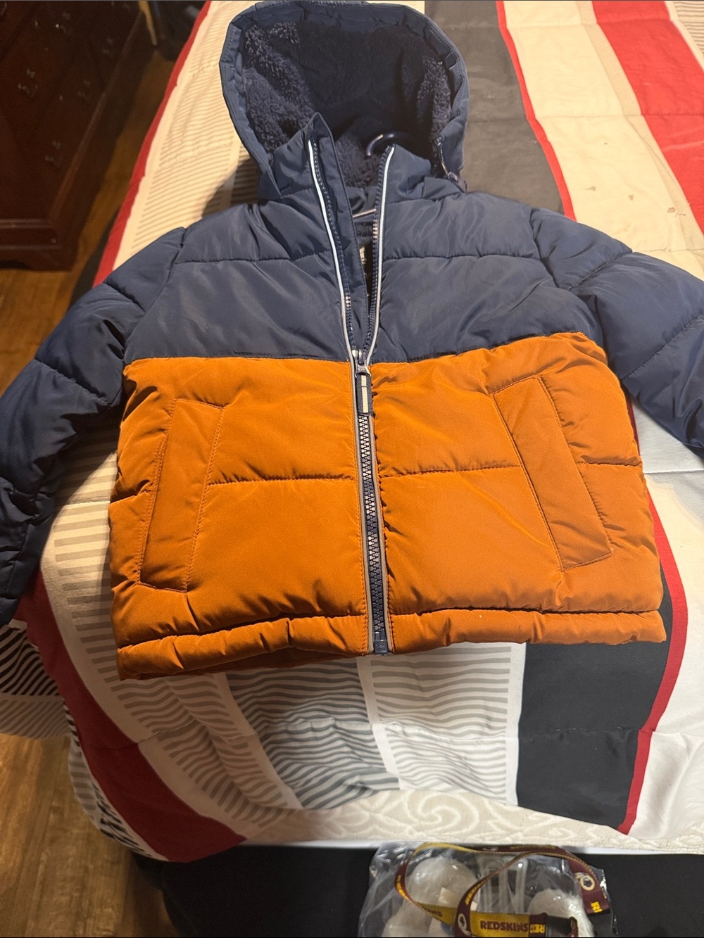 Kids Two-Tone Hooded Puffer Jacket - Navy and Orange